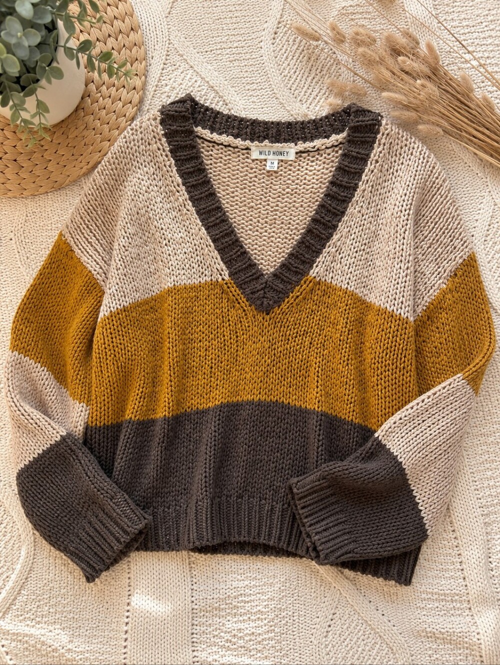Wild Honey Women's V-Neck Colorblock Sweater - Mustard/Chocolate/Cream